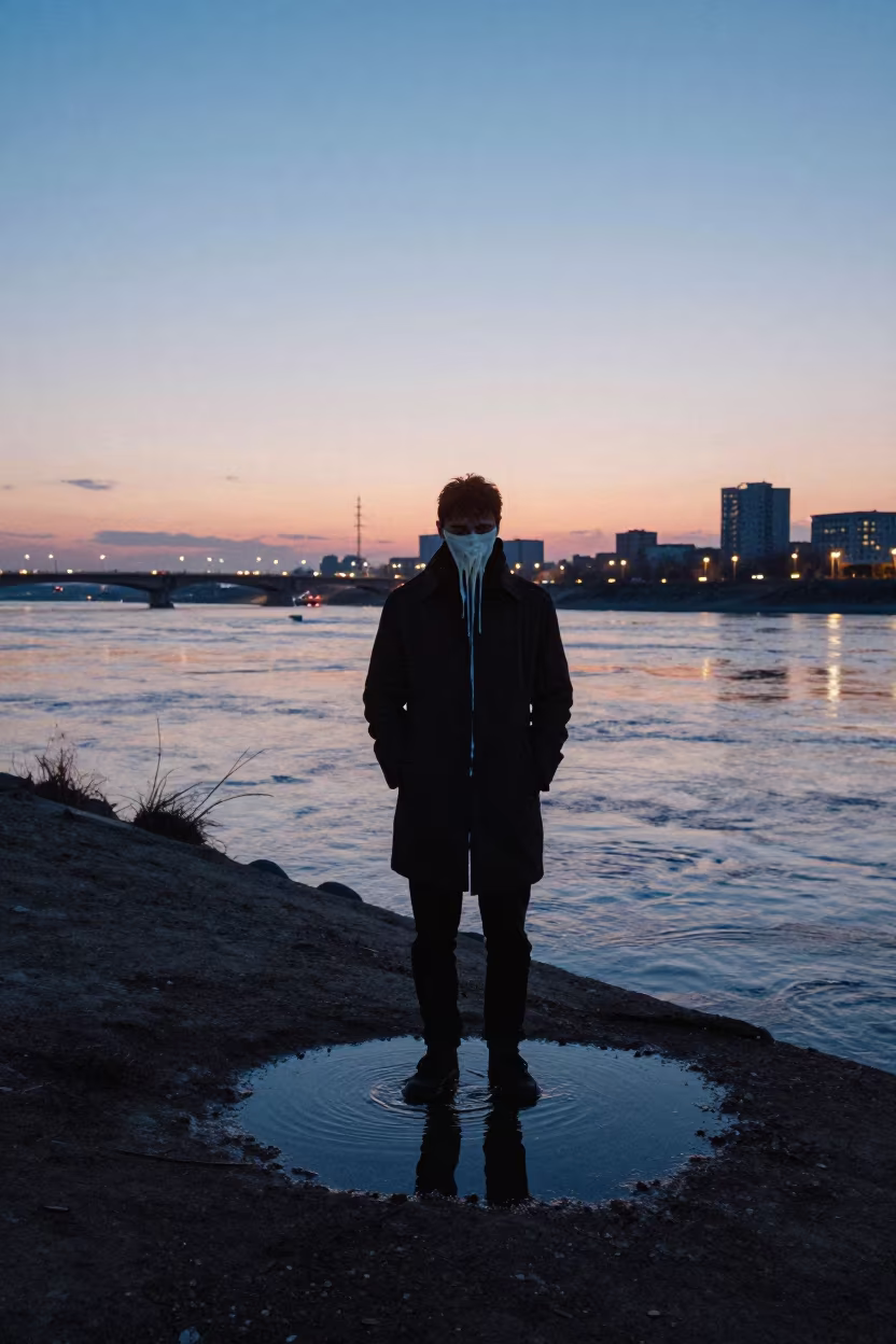 Winter Twilight Silhouette Melting Over City Traffic in near a riverside landing in Kulob