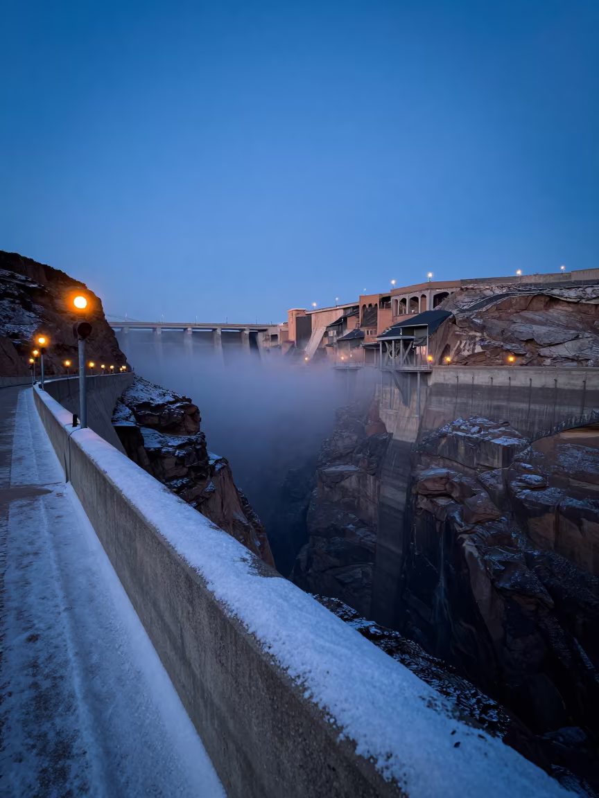 Winter Twilight Spillway Rimmed with Spray Above Canyon Mist in beside a hydroelectric intake near Majorelle, Marrakech