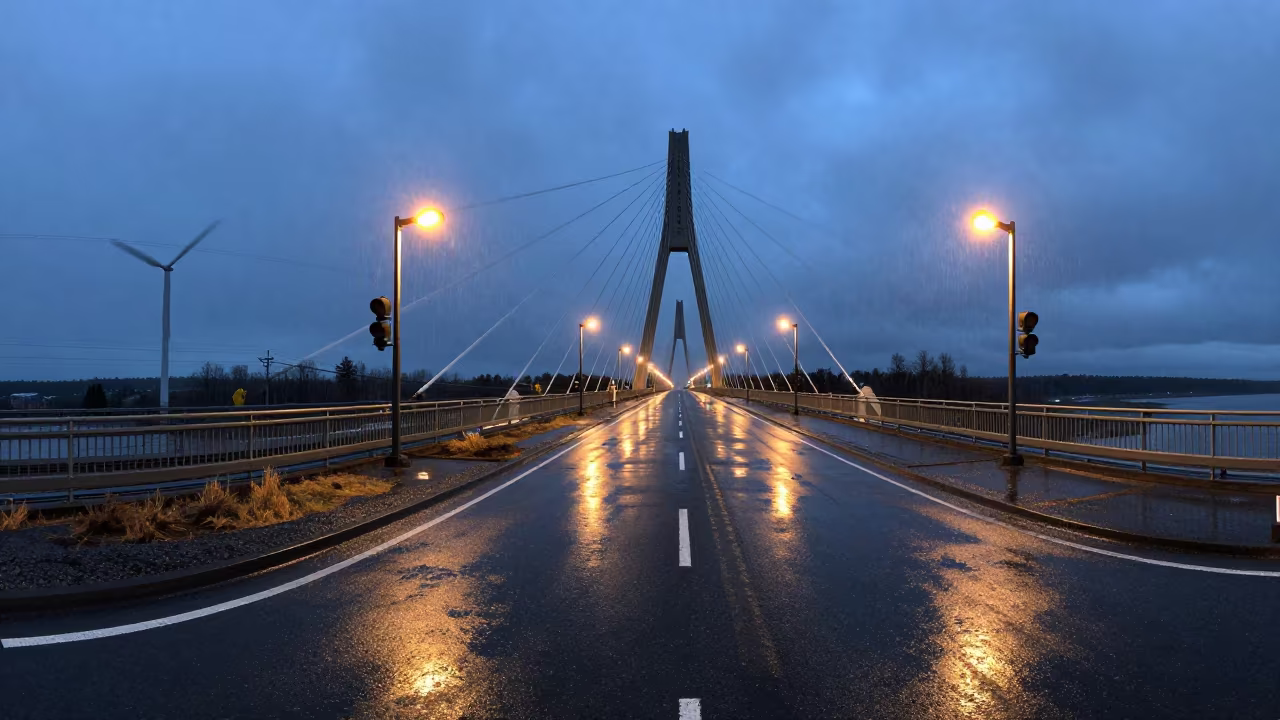 Winter Twilight Wind Farm Service Road Under Bridge in under a cable-stayed bridge span in Oregon
