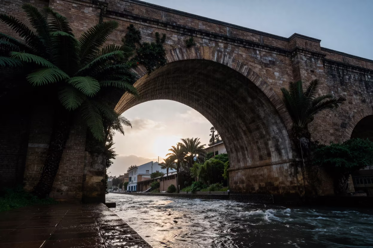 Winter Viaduct Arch Silhouette Larache in beside a bridge pier above moving water in Larache