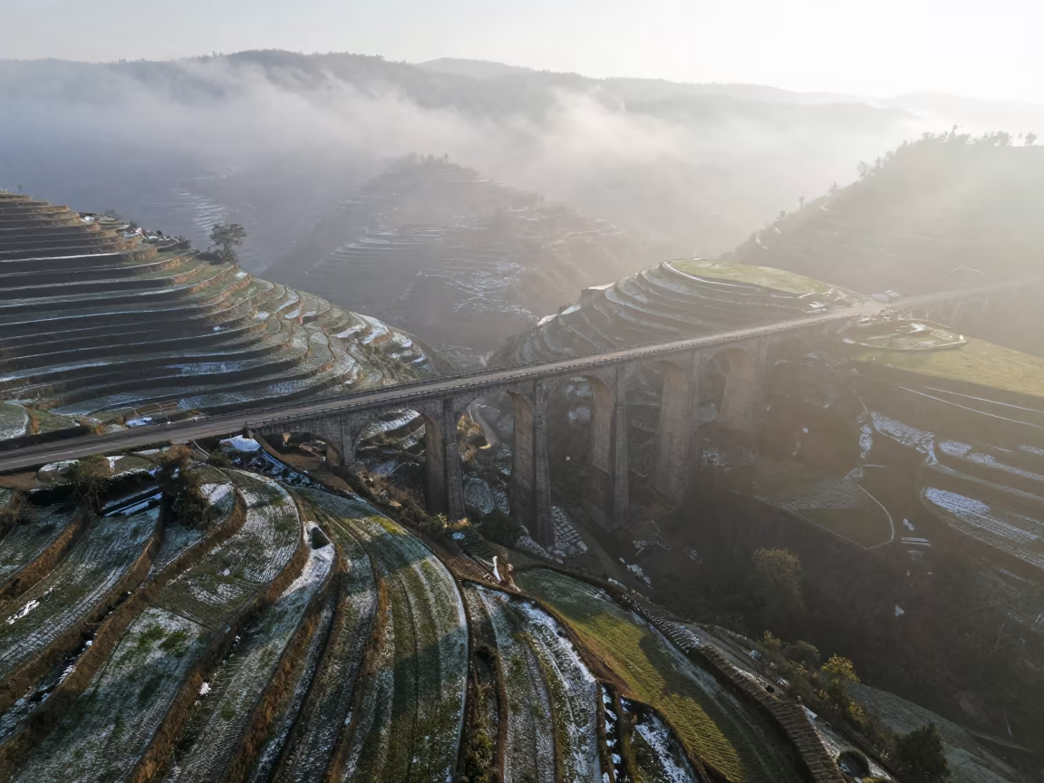 Winter Viaduct Drone Shot Snow Sun Jharkhand in far above terraced hillsides in Jharkhand
