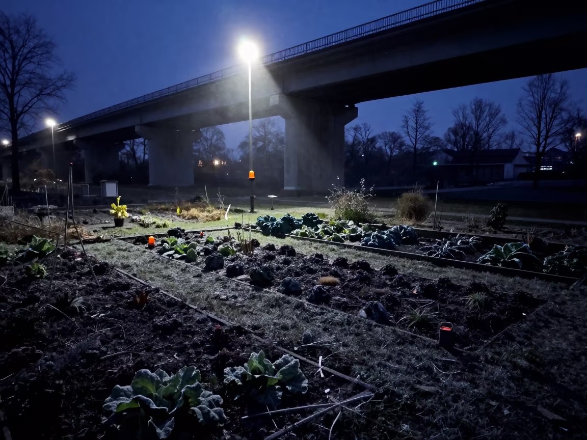 Winter Viaduct Shadow Over Allotment Gardens in beneath a bridge span near Szczecin