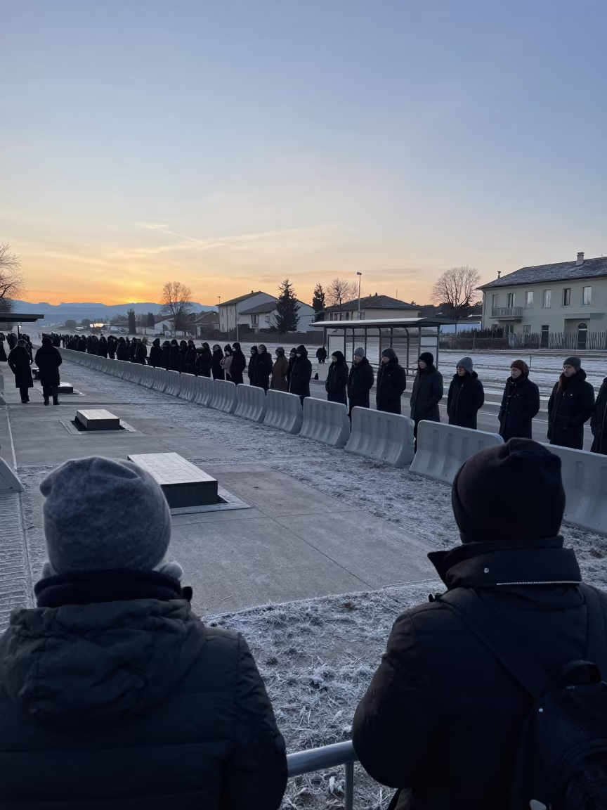 Winter Vigil at Murino Bus Shelter Dawn in along barricaded protest routes in Murino