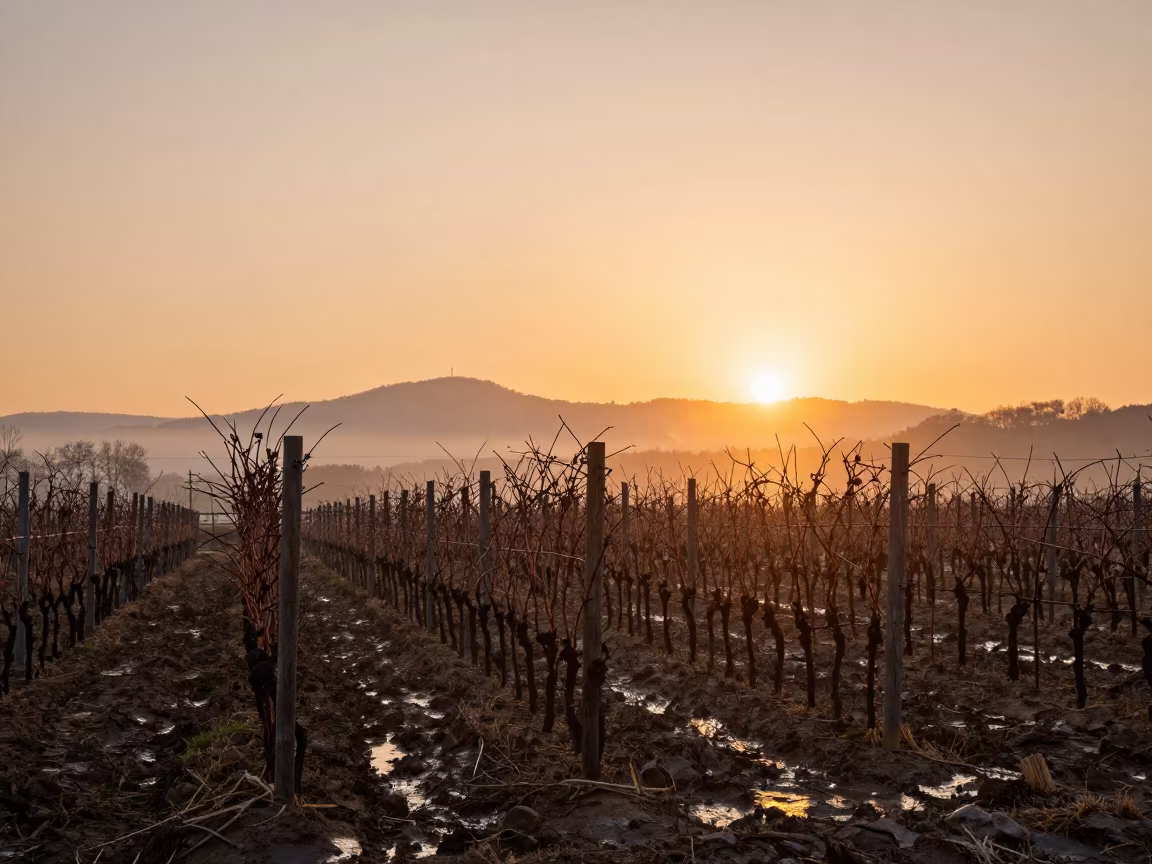 Winter Vineyard Sulfur Dust Sunset Hokkaido in along freshly irrigated rows in Hokkaido