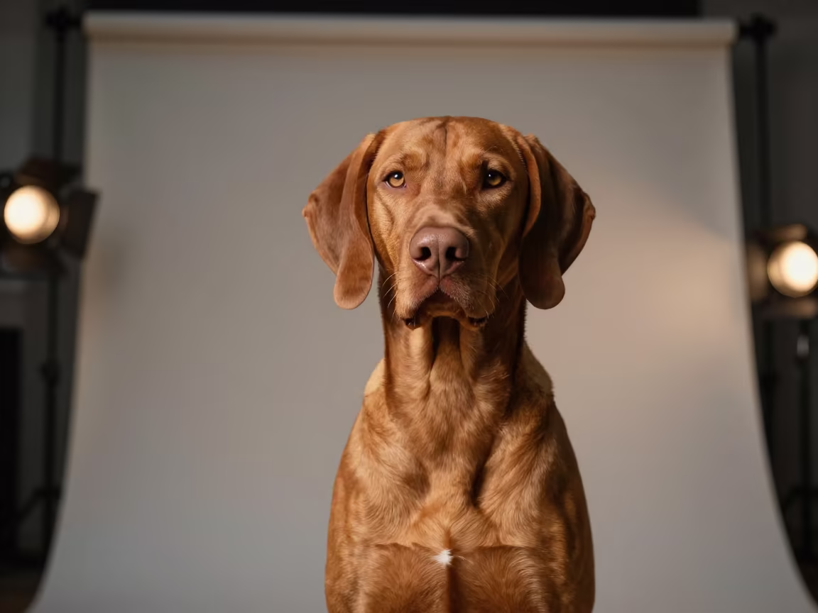Winter Vizsla Portrait in Raleigh Studio in in a quiet portrait studio with a plain backdrop and eye-level framing in Raleigh