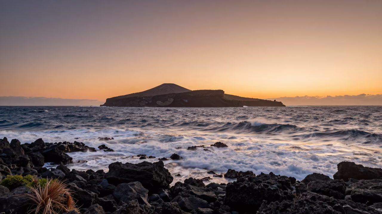 Winter Volcanic Shoreline Sunset Panorama in along a wave-cut shoreline near Thimphu