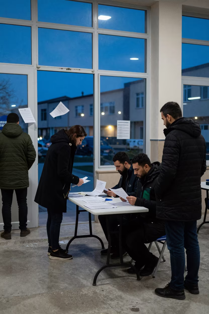 Winter Voter Check-in Menouf Gym Blue Hour in in a fluorescent town hall meeting room in Menouf