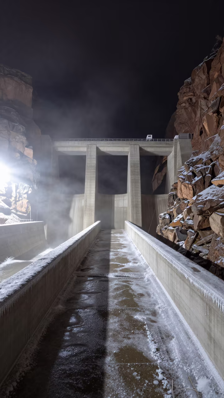 Winter Walkway Rimed With Spray Over Canyon Mist in beside a hydroelectric intake in Arizona