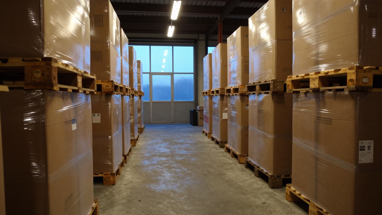 Winter Warehouse Aisle Before Sunrise in inside a fulfillment packing zone near Torreón