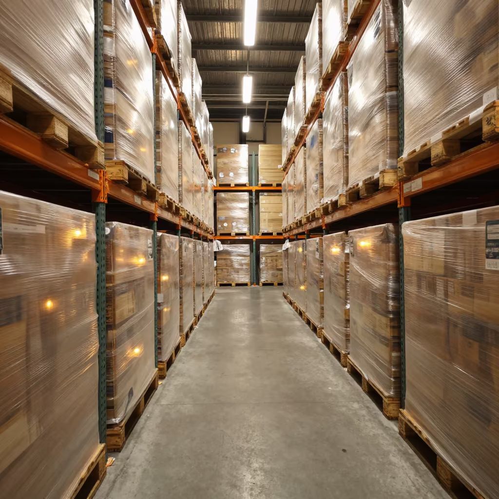 Winter Warehouse Aisle at Sunset in inside a warehouse aisle in Toyama