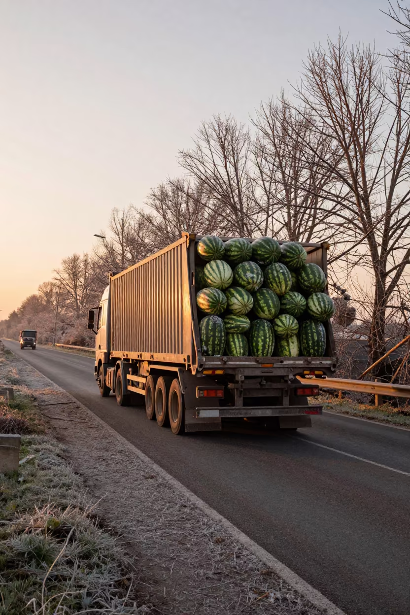 Winter Watermelon Truck on Toulouse Causeway in on a wind-open causeway near Toulouse