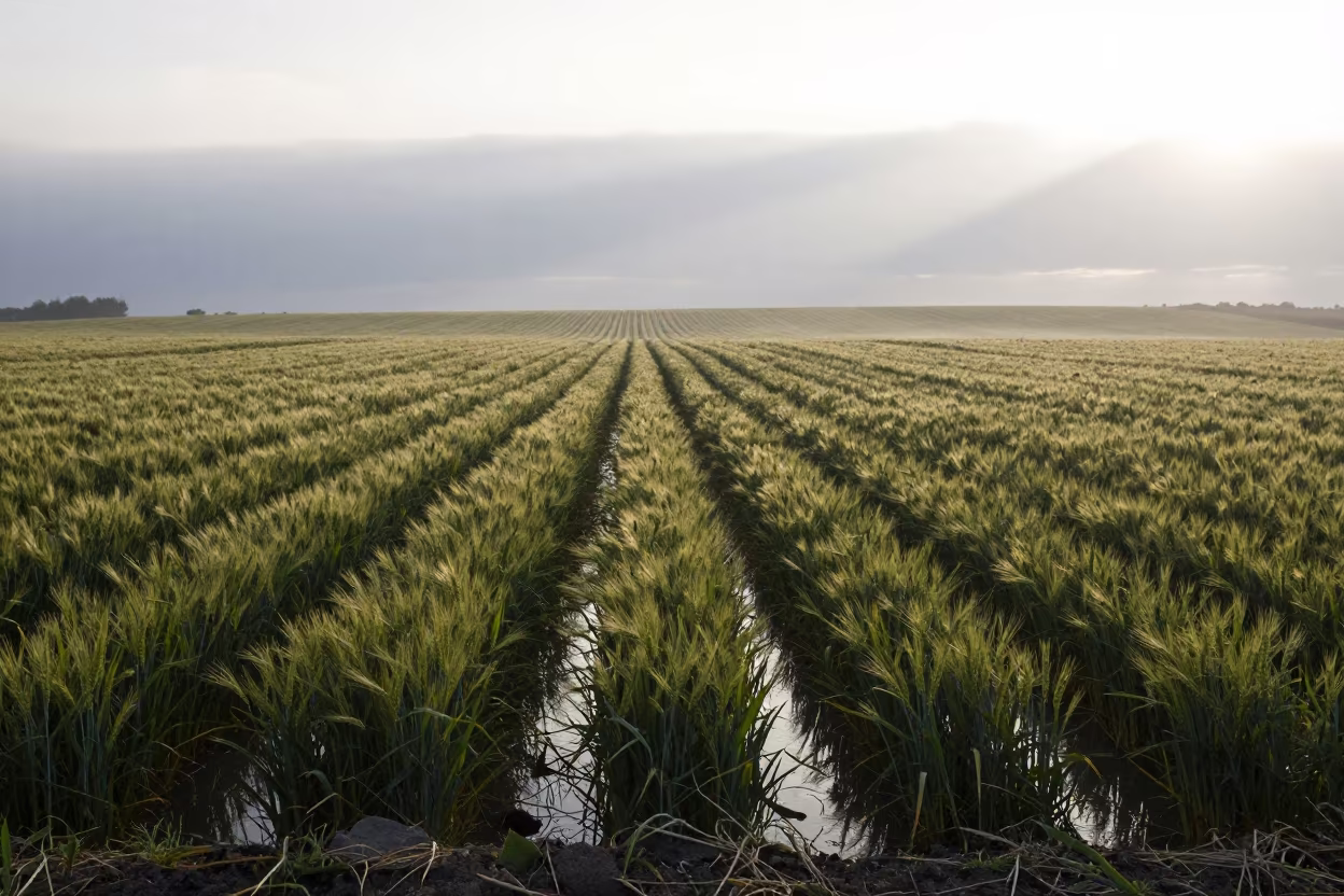 Winter Wheat Field Shadow Dawn Sardinia in along freshly irrigated rows in Sardinia