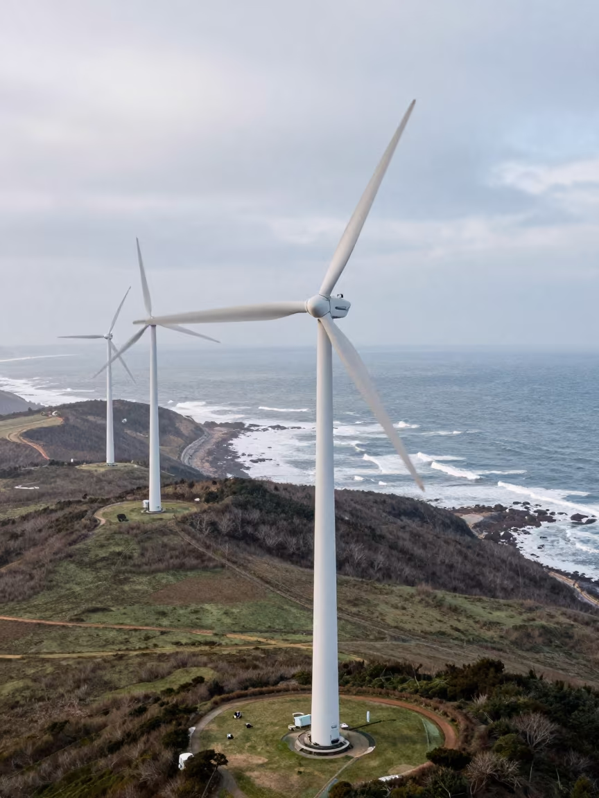 Winter Wind Turbines Over Coasting Hills in far above surf-scalloped coastline near Anyang