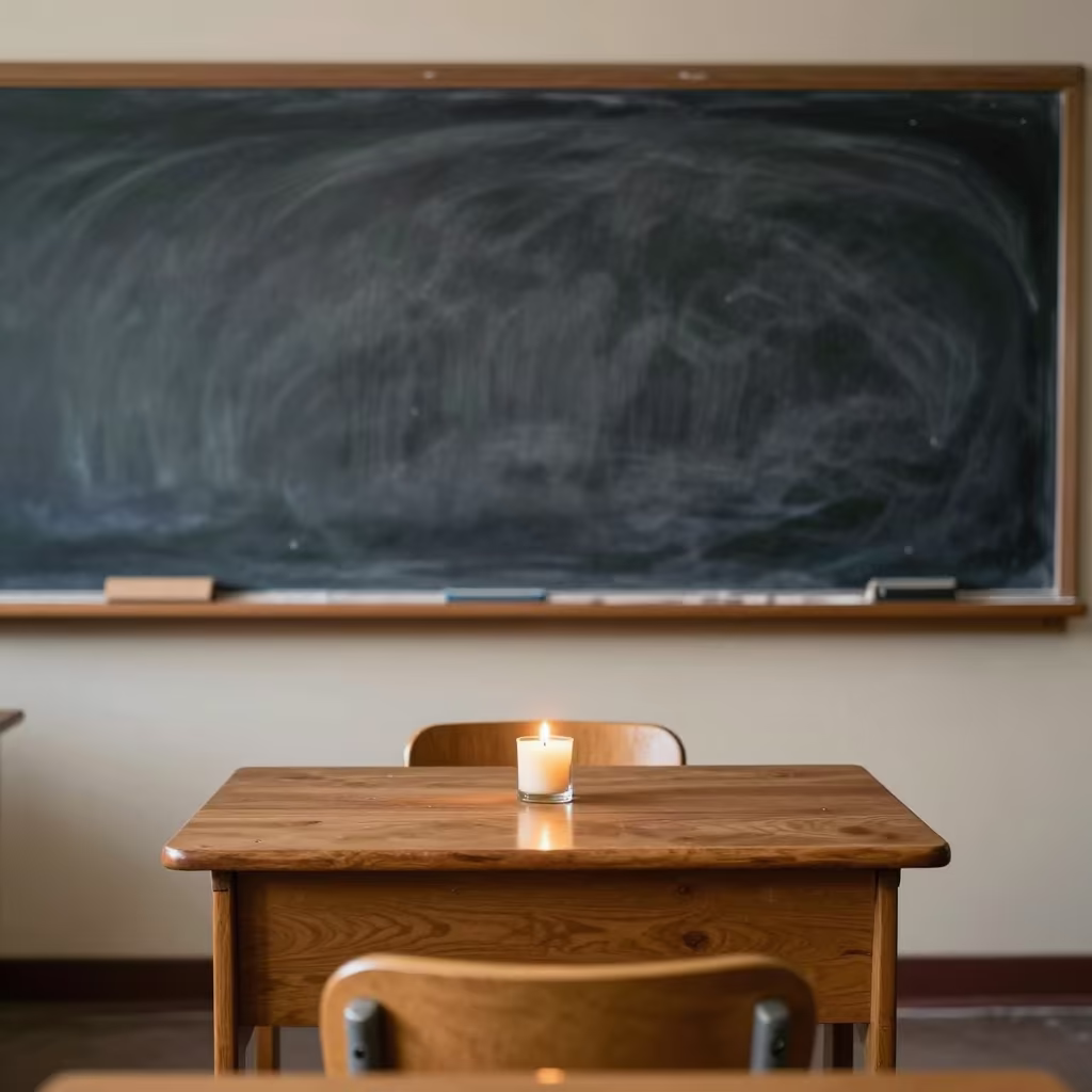 Winter Woodshop Desk in Evening Candlelight in in a woodshop classroom near Worcester