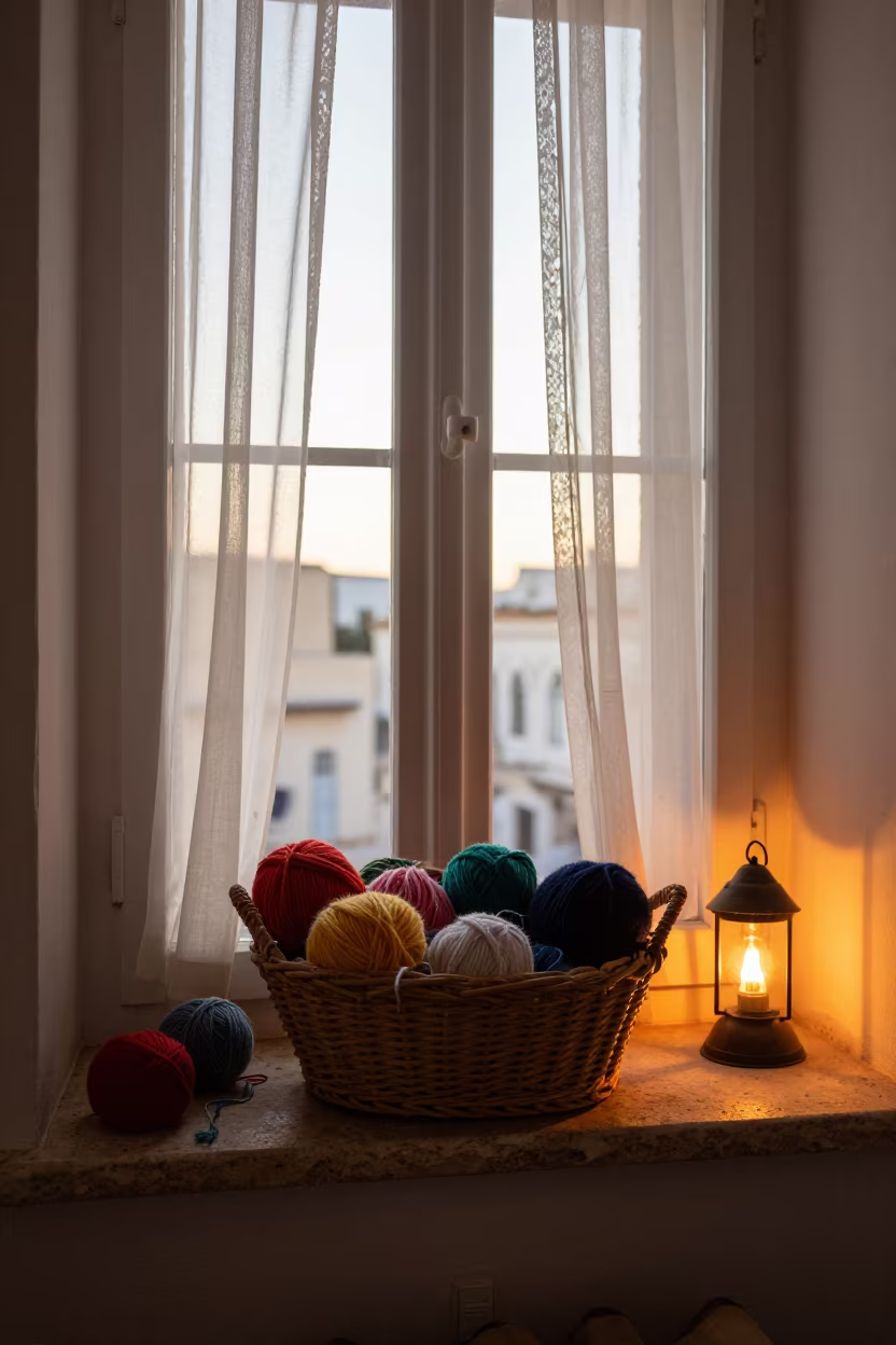 Winter Yarn Basket on Algiers Window Seat in on a window seat in Algiers