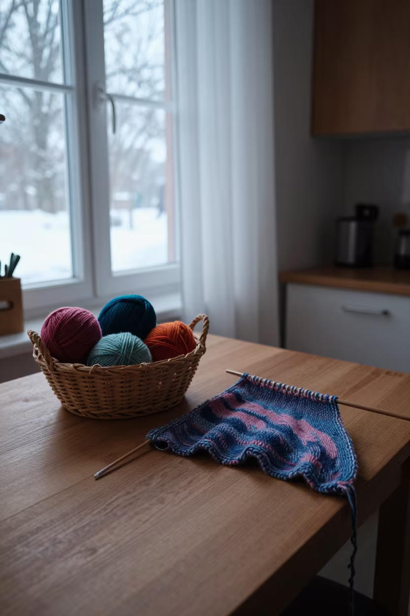 Winter Yarn Basket Near Szczecin Window in in a cozy kitchen near Szczecin