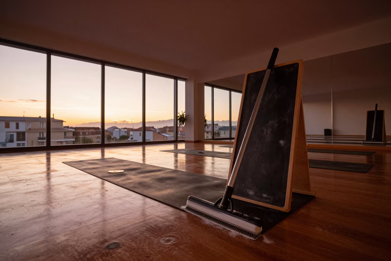 Winter Yoga Studio Squeegee Before Class in inside a yoga studio before the session begins in Pescara