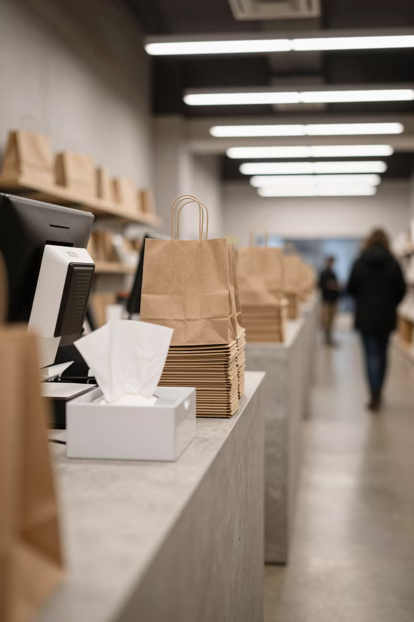 Wipe Caddy on Chengdu Cash Wrap Counter in at a cash wrap counter with bags stacked nearby in Chengdu