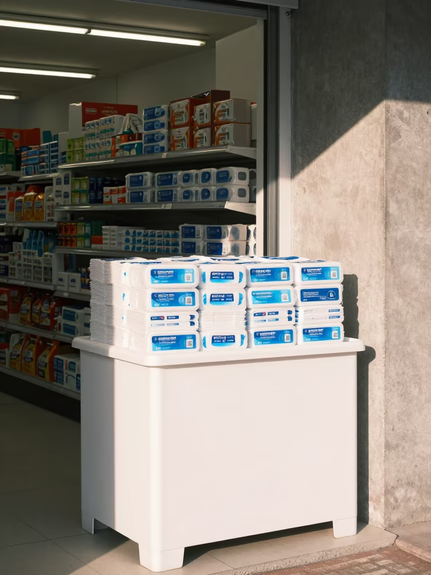 Wipe Caddy Kiosk in Late Afternoon Retail Light in inside a storefront prepared for opening near Elche
