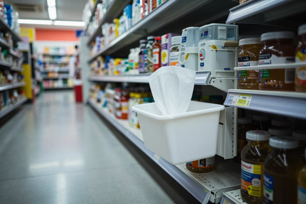 Wipe Caddy Under Checkout Lights in Medan in inside a bright retail aisle in Medan