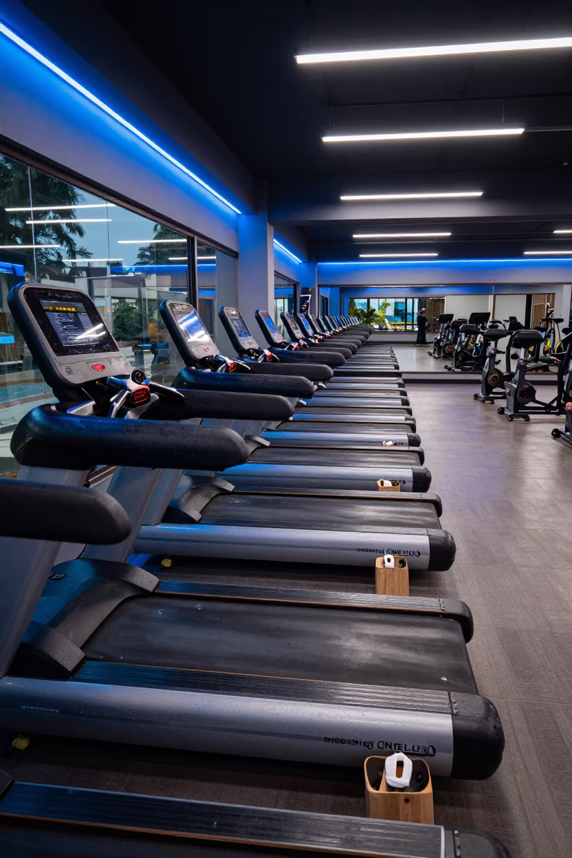 Wiped Treadmill Rails in Enugu Spin Studio at Twilight in inside a spin studio under class lights in Enugu