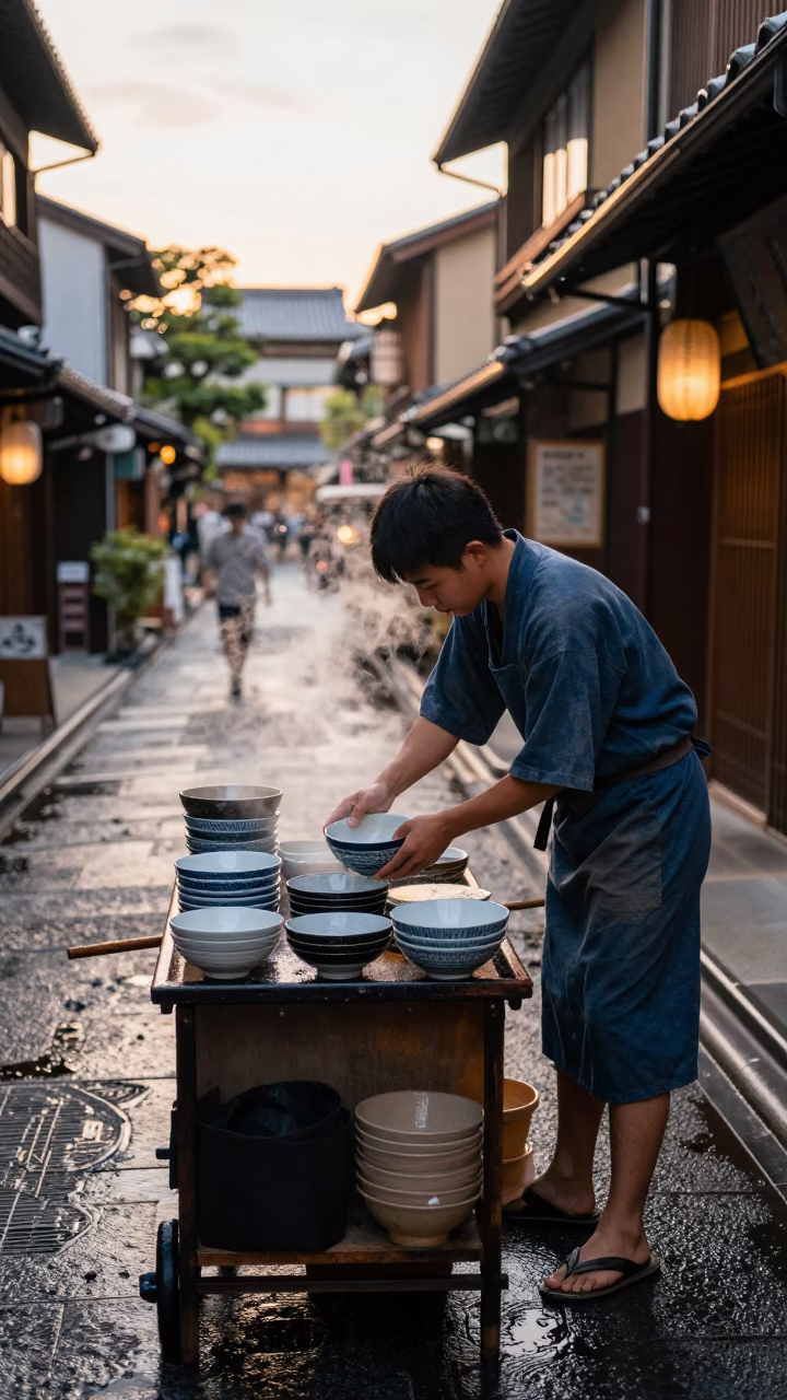 Wiping Bowls in Kyoto in in Kyoto, Japan