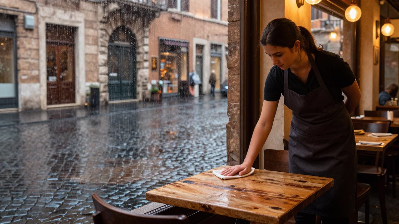 Wiping Table in Rome in in Rome, Italy