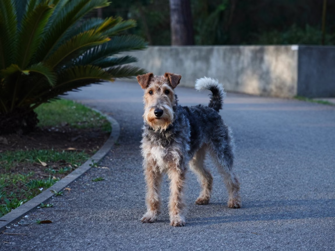 Wire Fox Terrier on Brasilia Park Path Morning in near a garden edge with soft morning light and an uncluttered background near Brasilia