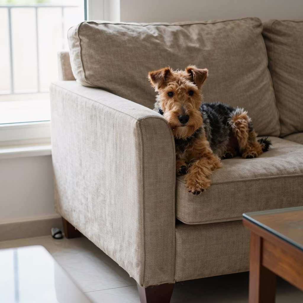 Wire Fox Terrier on Linen Sofa in Mansoura Home in on a linen sofa with daylight from a nearby window in Mansoura