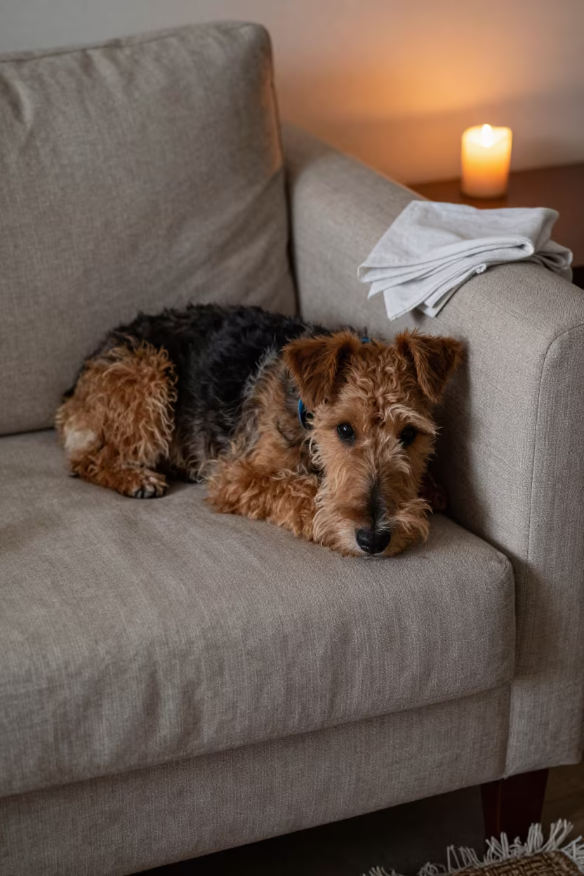 Wire Fox Terrier on Linen Sofa in Yerevan in on a linen sofa with daylight from a nearby window in Yerevan