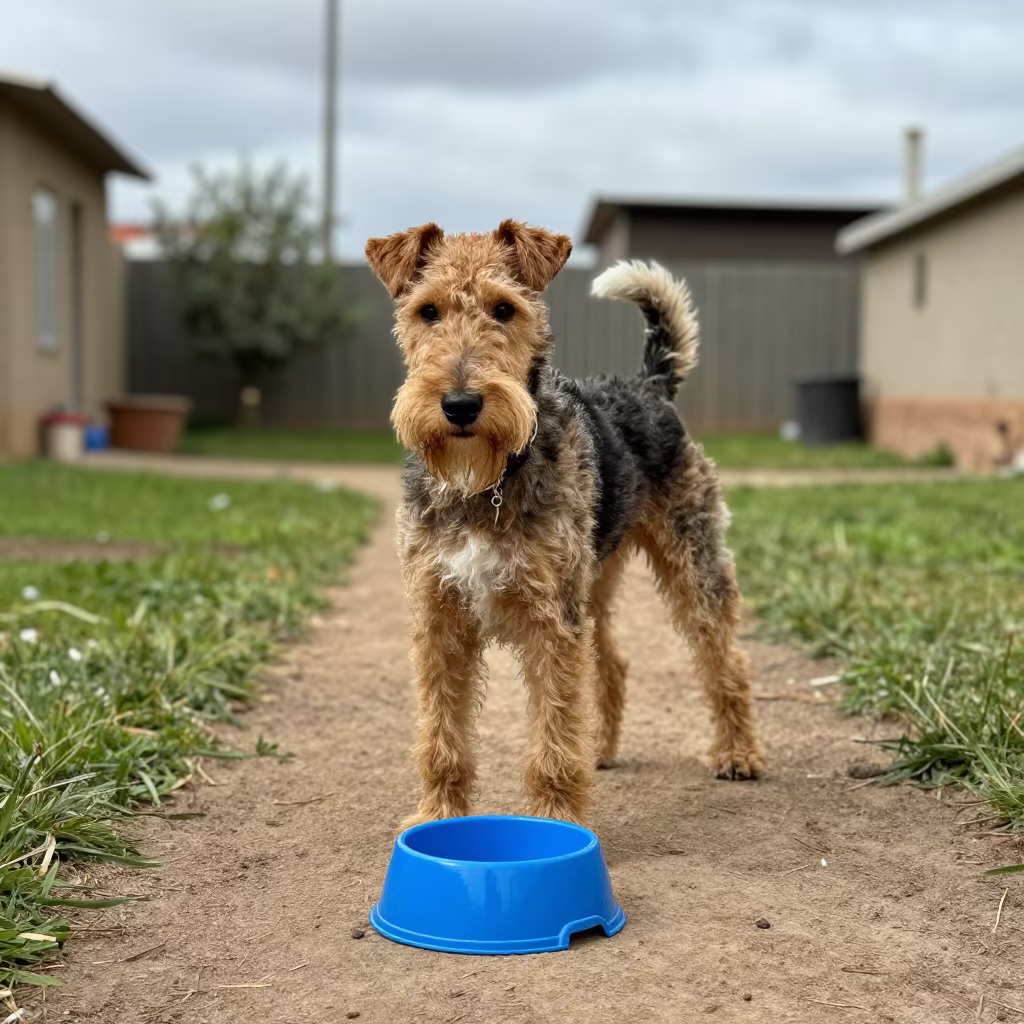 Wire Fox Terrier on Park Path in Ndjamena in in a small yard with clipped grass, calm light, and the animal centered in frame in Ndjamena