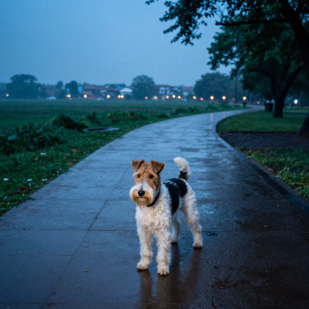 Wire Fox Terrier on Rainy Park Path in Ratlam in along a quiet park path with soft open shade and a clean background in Ratlam