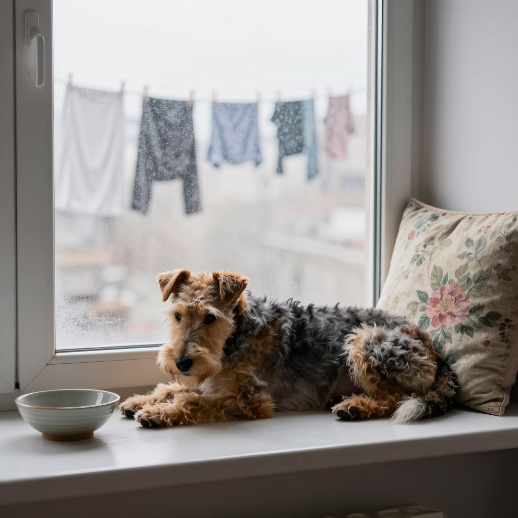 Wire Fox Terrier on Window Seat in Hangzhou Apartment in on a window seat in a quiet apartment with soft side light in Hangzhou
