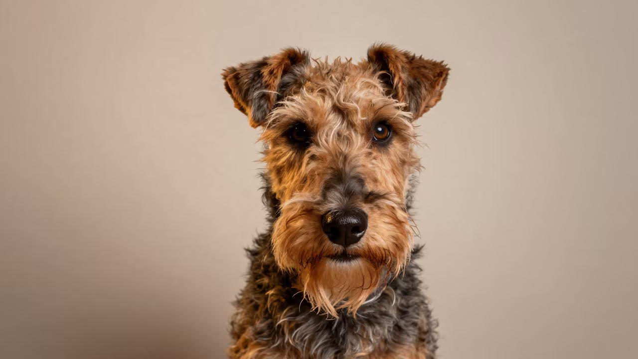Wire Fox Terrier Portrait Against Plaster Wall in beside a plain plaster wall in soft indoor light with the animal centered in frame near Essen