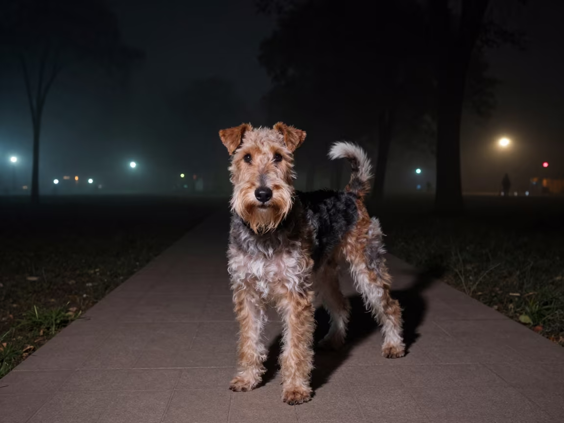 Wire Fox Terrier Portrait in Night Park Fog in along a quiet park path with soft open shade and a clean background near Rawalpindi