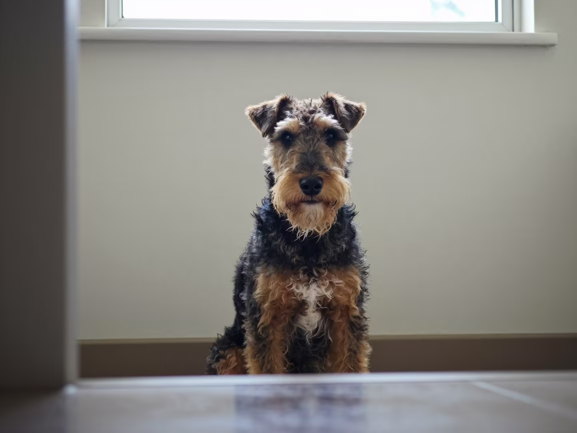 Wire Fox Terrier Portrait in Sinfra Indoor Light in beside a plain plaster wall in soft indoor light with the animal centered in frame in Sinfra