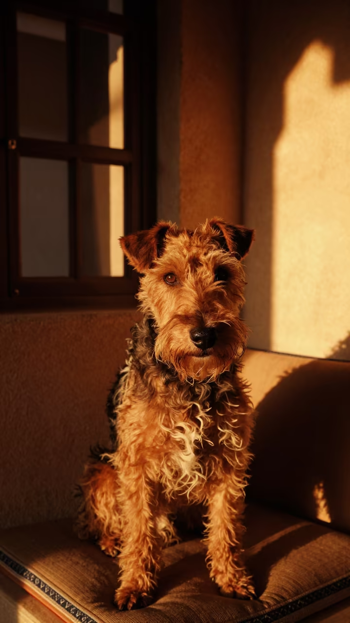 Wire Fox Terrier Portrait on Fez Window Seat in on a cushioned window seat with soft side light and an uncluttered background in Fez