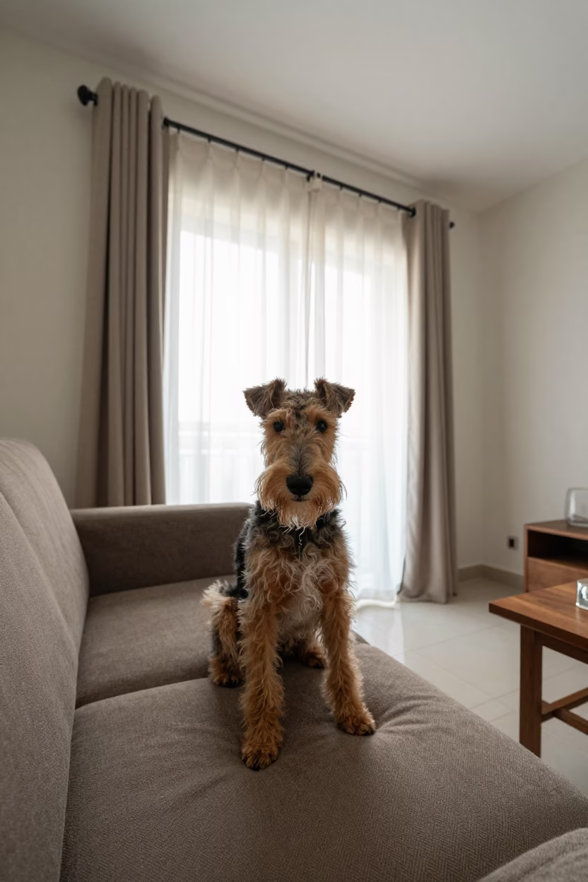 Wire Fox Terrier Portrait on Larkana Sofa in on a sofa near a curtained window with calm indoor light in Larkana