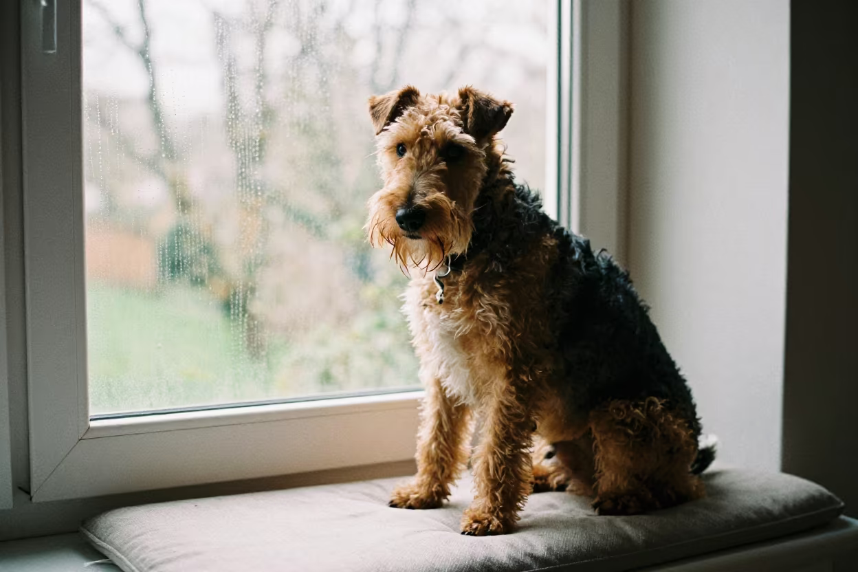 Wire Fox Terrier Portrait on Window Seat in on a cushioned window seat with soft side light and an uncluttered background in Zhengzhou