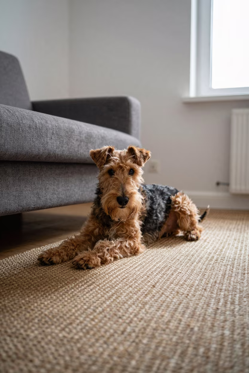 Wire Fox Terrier Resting on Rug in Abakan Home in on a woven rug beside a low couch and an uncluttered wall near Abakan
