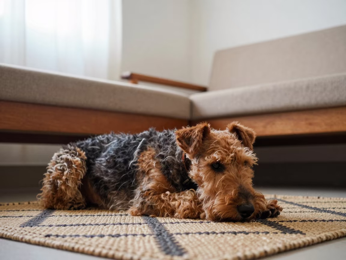 Wire Fox Terrier Resting on Rug in Aurangabad Home in on a woven rug beside a low couch and an uncluttered wall in Aurangabad