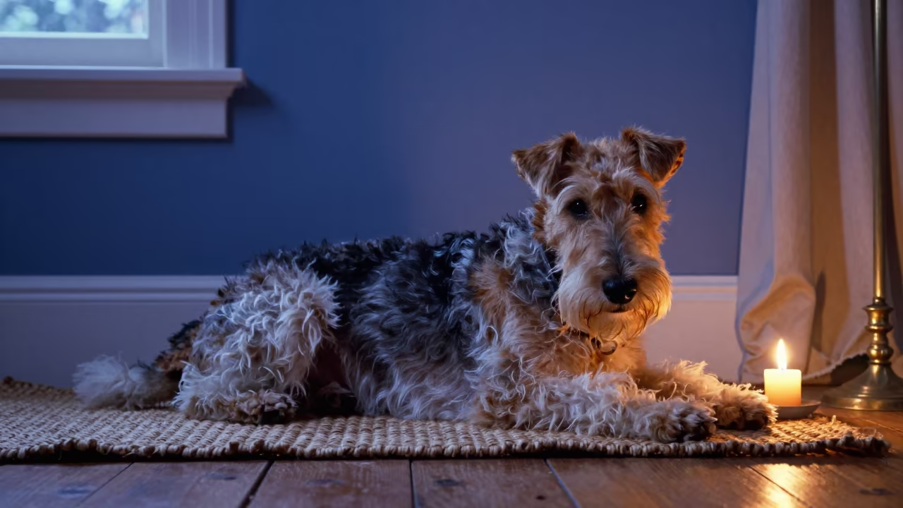 Wire Fox Terrier Resting on Rug in Naples Twilight in on a woven rug beside a low couch and an uncluttered wall in Naples