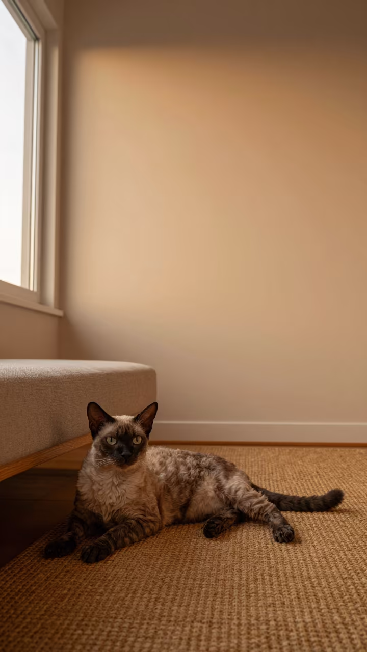 Wirehair Cat Lounging on Rug in Izmir Evening Light in on a woven rug beside a low couch and an uncluttered wall in Izmir