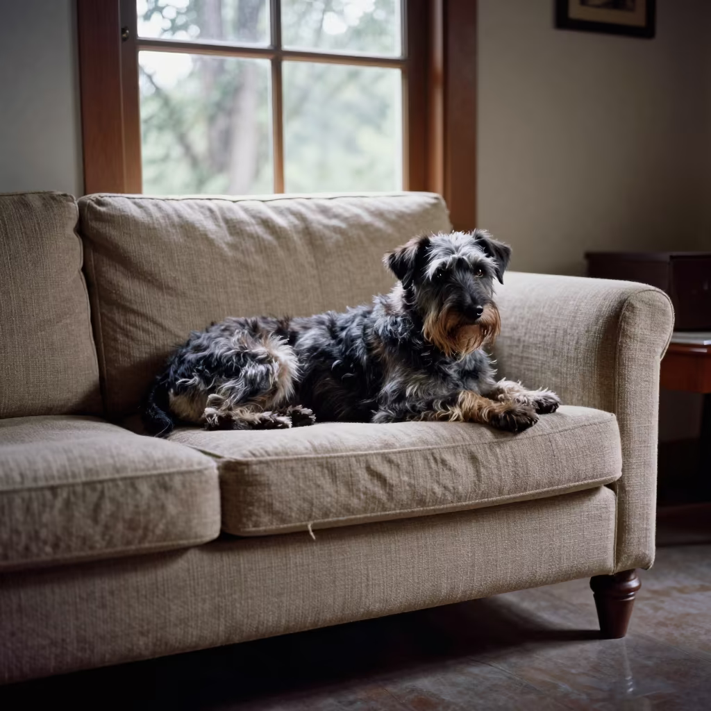 Wirehaired Griffon on Linen Sofa in Alleppey Light in on a linen sofa with daylight from a nearby window in Alleppey
