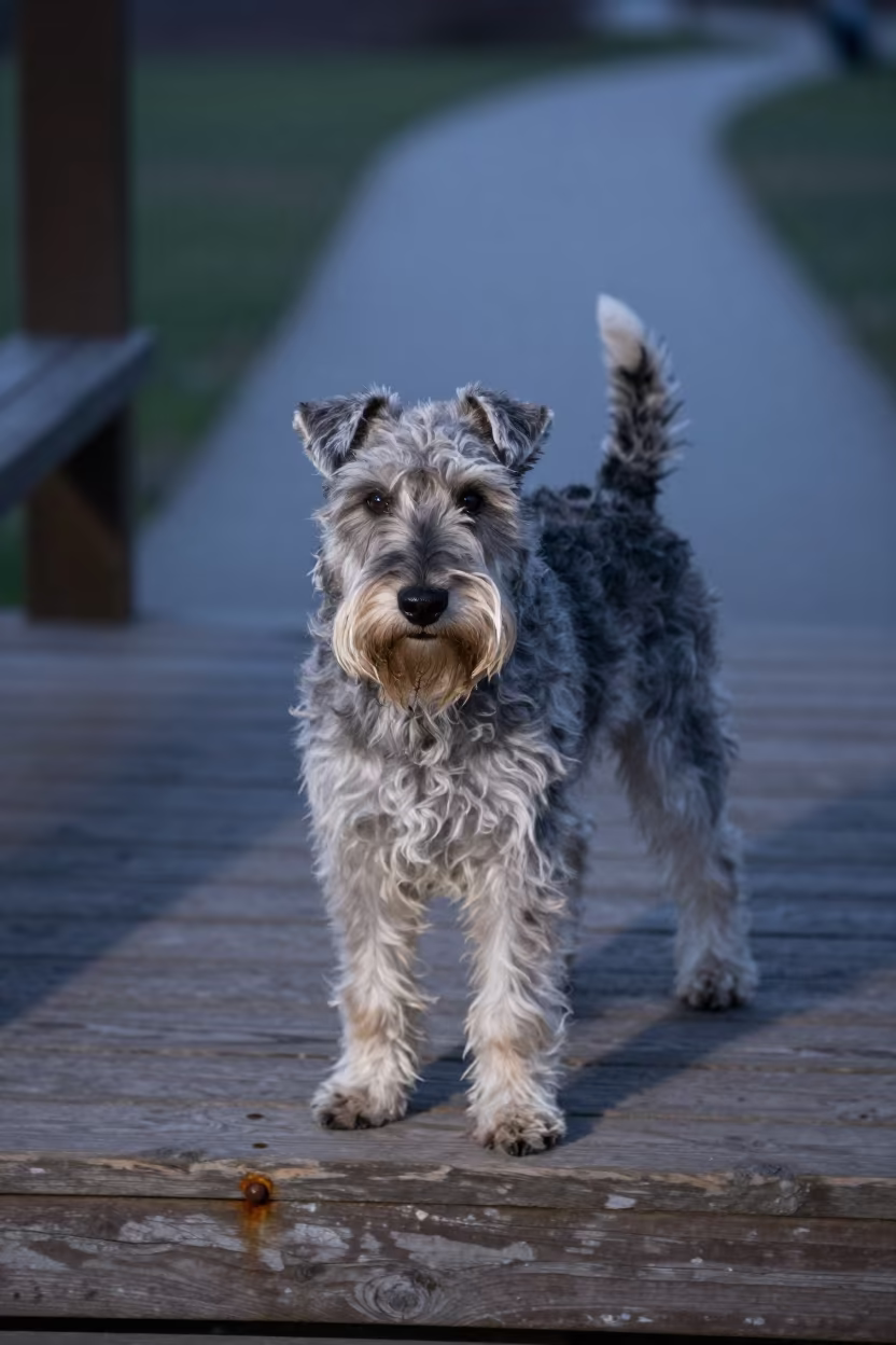Wirehaired Griffon on Shaded Porch in Tarsus Evening in along a quiet park path with soft open shade and a clean background in Tarsus