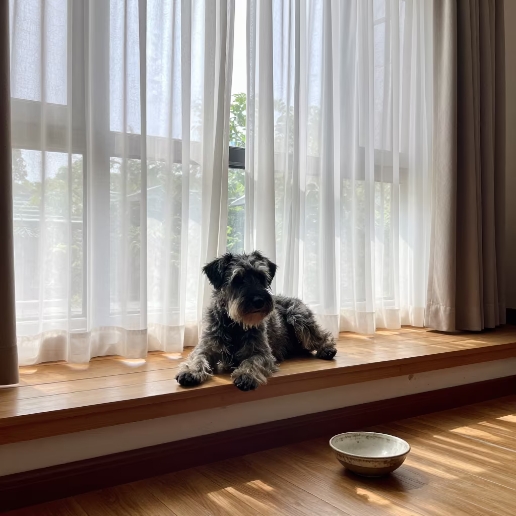 Wirehaired Griffon on Window Seat in Wenzhou Home in on a window seat in a quiet apartment with soft side light near Wenzhou