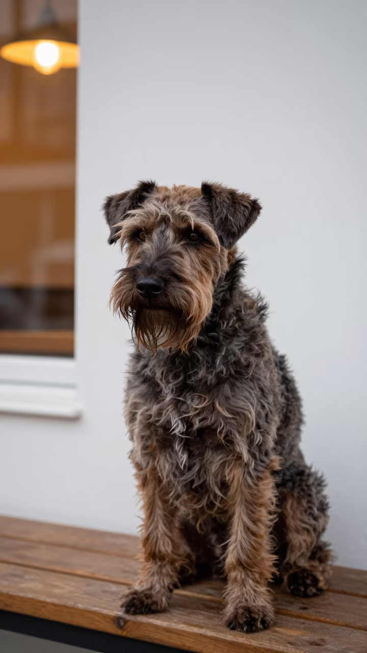 Wirehaired Griffon Portrait on Genoa Window Seat in on a cushioned window seat with soft side light and an uncluttered background in Genoa