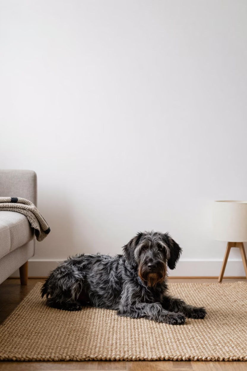 Wirehaired Griffon Resting on Rug Near Genoa in on a woven rug beside a low couch and an uncluttered wall near Genoa