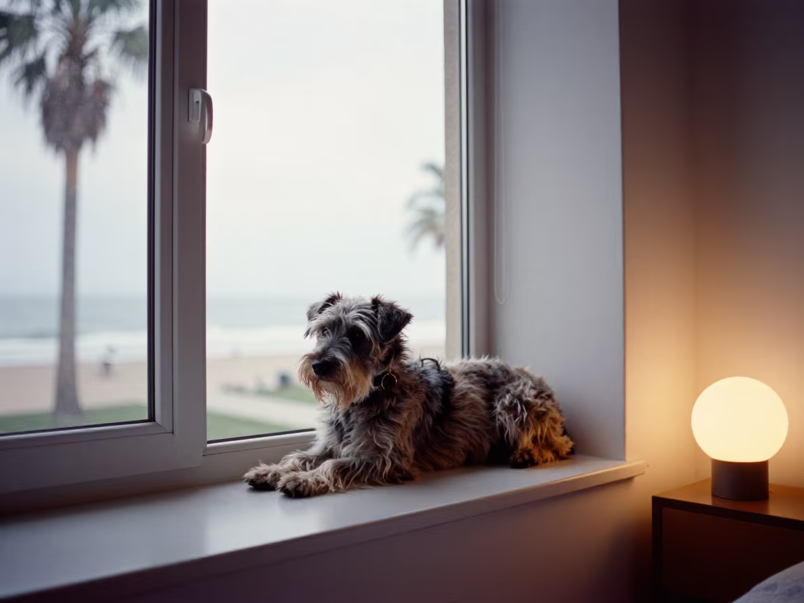 Wirehaired Griffon Resting on Window Seat in on a window seat in a quiet apartment with soft side light in Praia