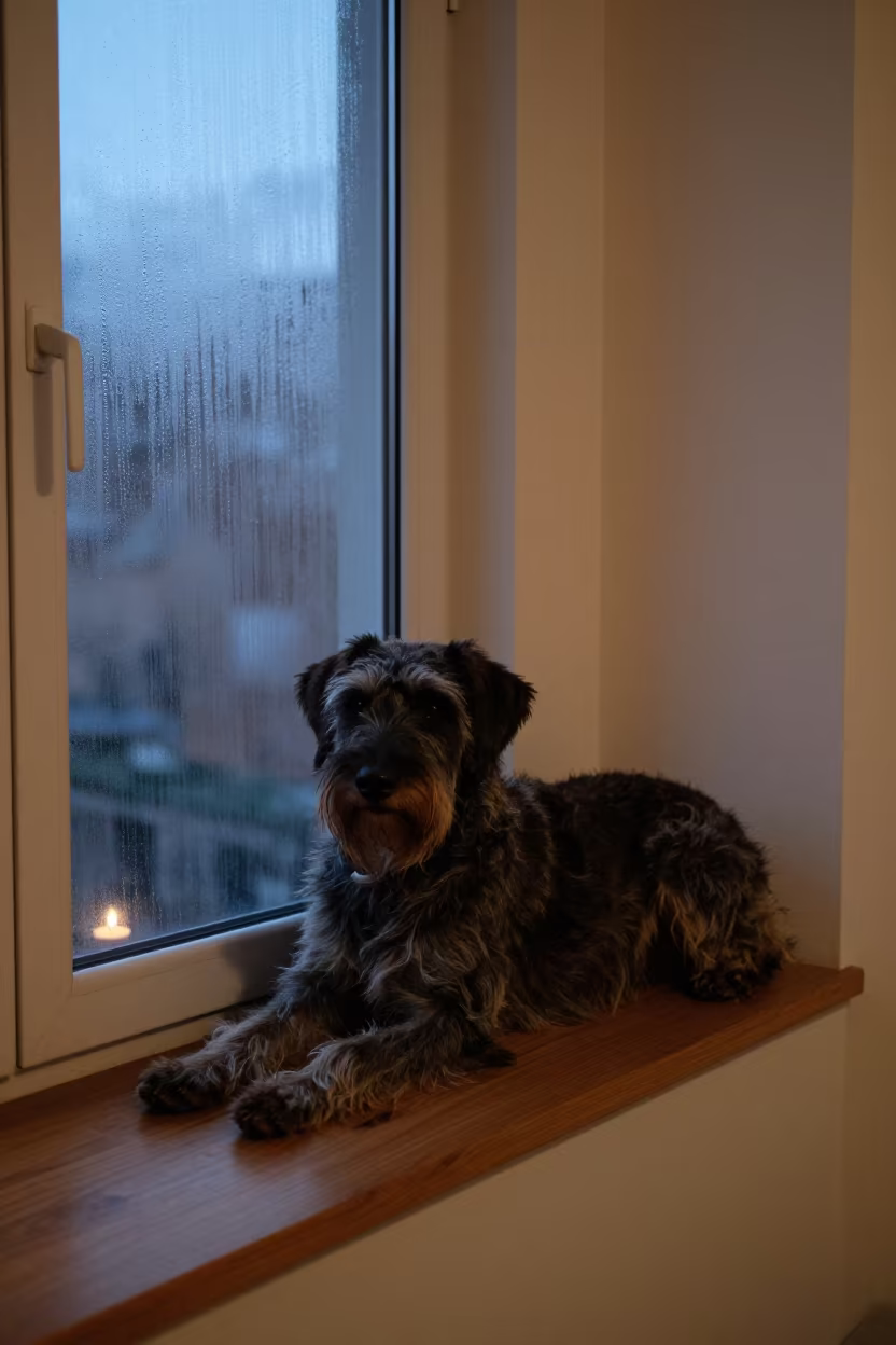 Wirehaired Pointer on Delhi Window Seat in on a window seat in a quiet apartment with soft side light in Delhi